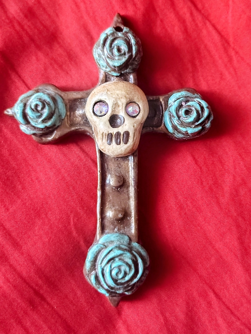 Sookie Sookie Macabre Skull Cross Pendant with Turquoise Roses 90s Vintage Goth